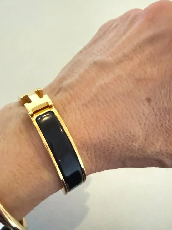 AUTHENTIC HERMES CLIC H BRACELET GOLD PLATED BLACK ENAMEL NARROW BANGLE PM - Picture 9 of 9